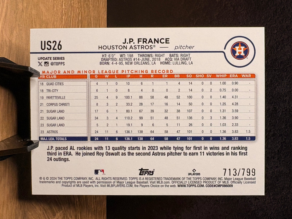 J.P. France (Purple Foil /799) - 2024 Topps Update Series #US26 Baseball trading card, back