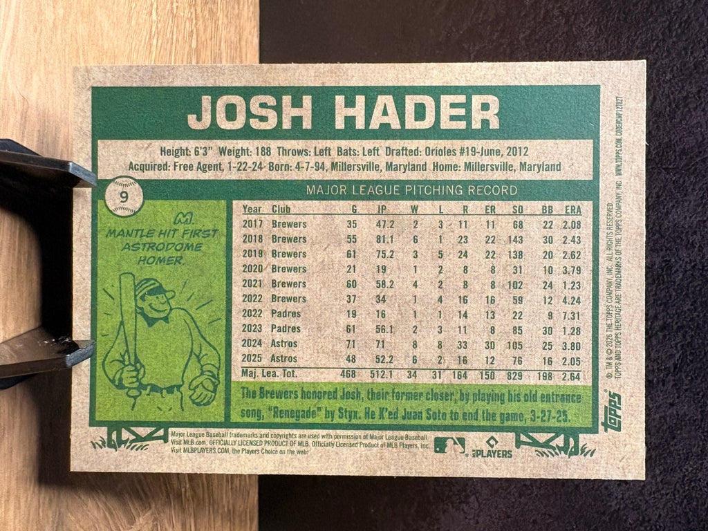 Josh Hader (Pink Sparkle) - 2026 Topps Heritage #9 Baseball trading card, back