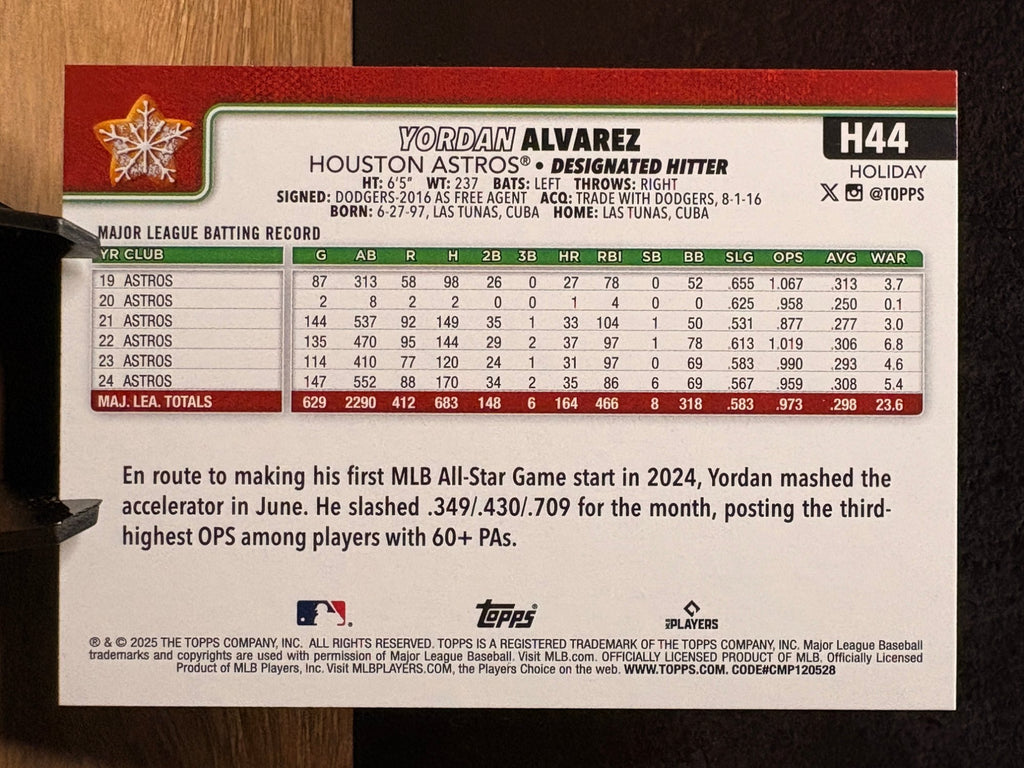 Yordan Alvarez (Cookie Back SP) - 2025 Topps Holiday #H44 Baseball trading card, back