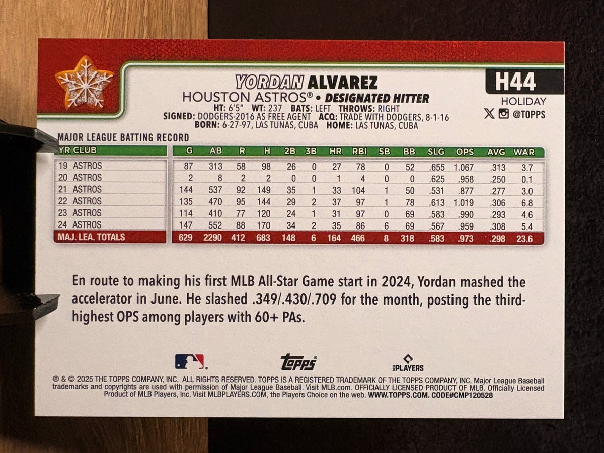 Yordan Alvarez (Cookie Back SP) - 2025 Topps Holiday #H44 Baseball trading card, back