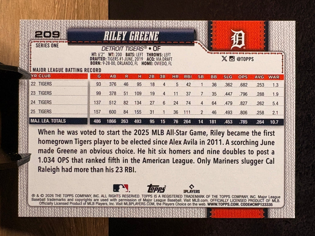 Riley Greene (Team Logo) - 2026 Topps Series One #209 Baseball trading card, back