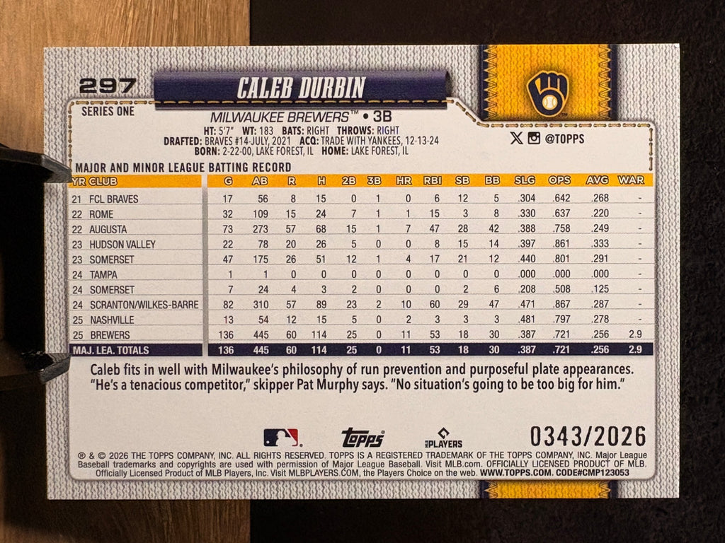 Caleb Durbin (Gold /2026) - 2026 Topps Series One #297 Baseball trading card, back