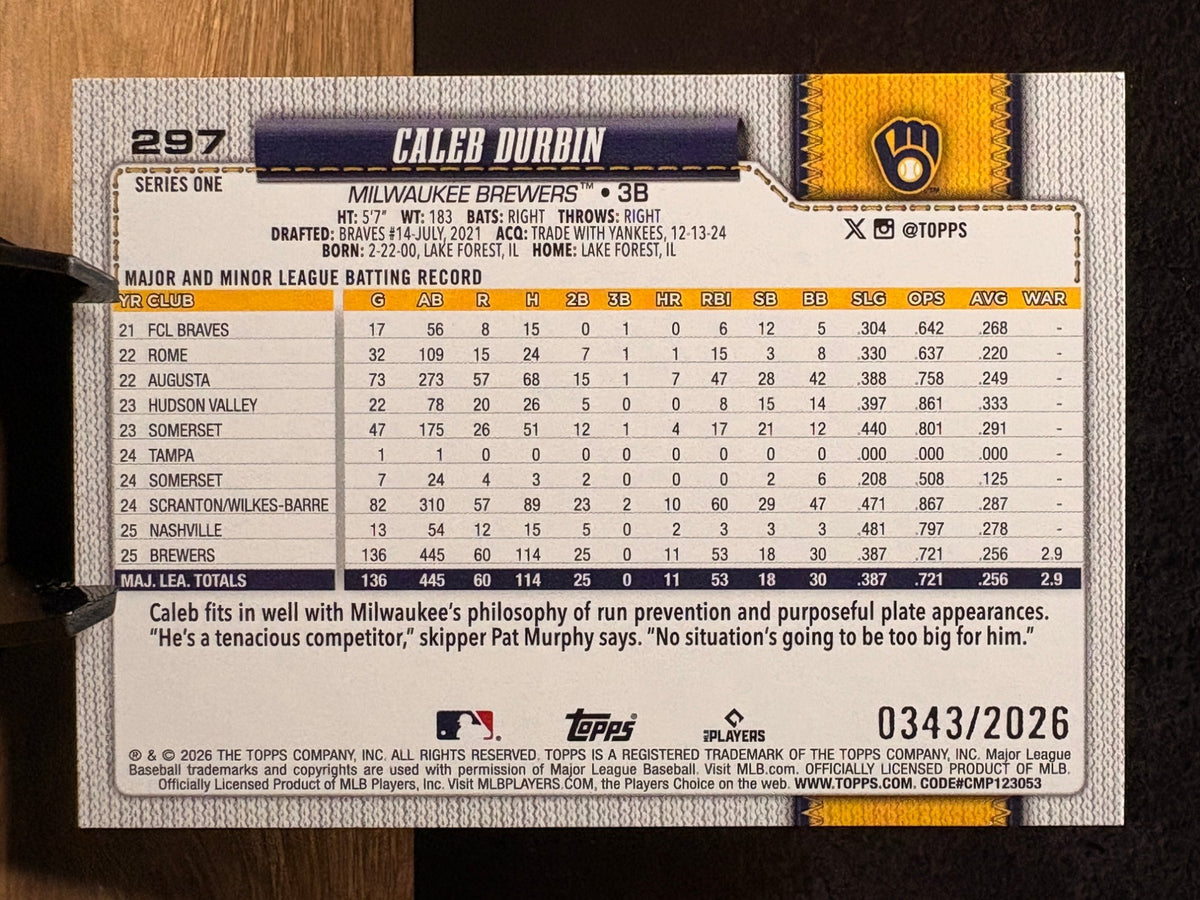 Caleb Durbin (Gold /2026) - 2026 Topps Series One #297 Baseball trading card, back