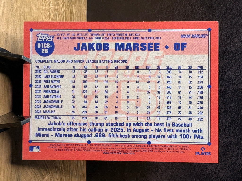 Jakob Marsee (RC Refractor) - 2026 Topps 1991 Topps Chrome #91C3-28 Baseball trading card, back