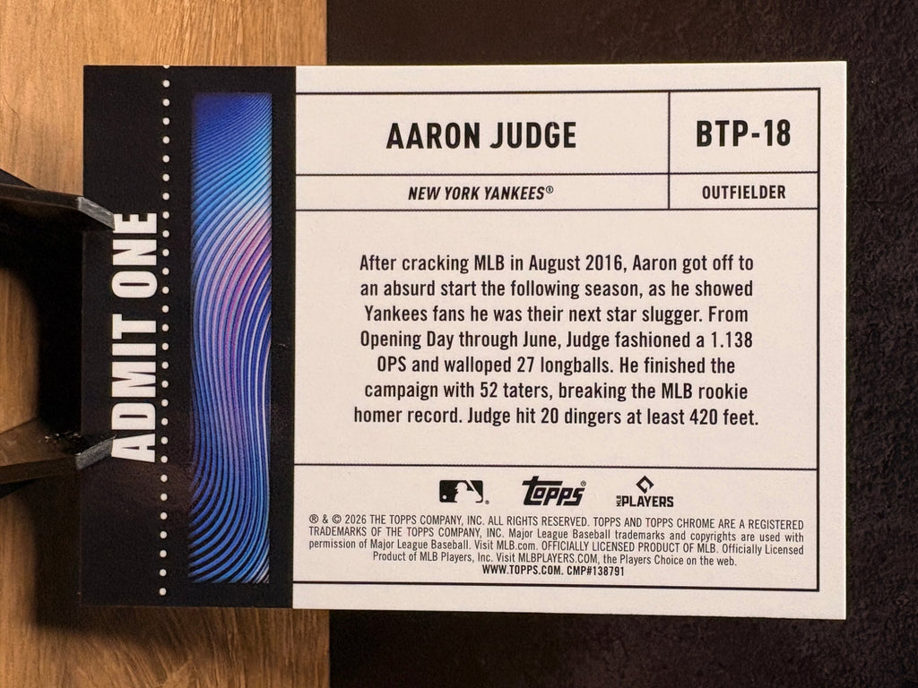 Aaron Judge (Base) - 2026 Topps Chrome Big Ticket Player #BTP-18 Baseball trading card, back