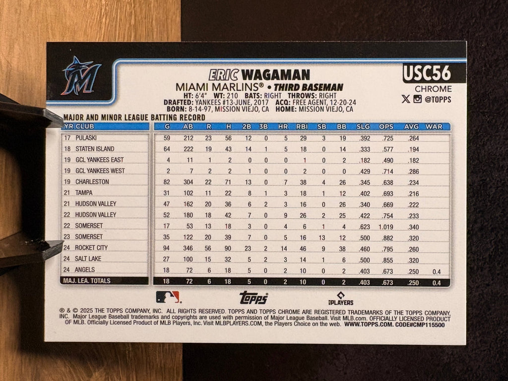 Eric Wagaman (RC Blue Lava Refractor /150) - 2025 Topps Chrome Update #USC56 Baseball trading card, back