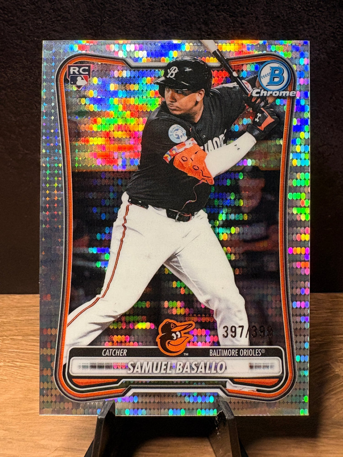 Samuel Basallo (RC Mini-Diamond Refractor /399) - 2026 Bowman Bowman Chrome #61 Baseball trading card, front and back