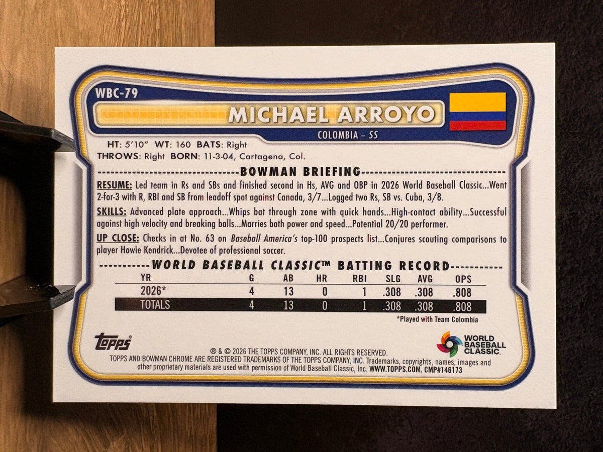 Michael Arroyo (Refractor /499) - 2026 Bowman Chrome World Baseball #WBC-79 Baseball trading card, back