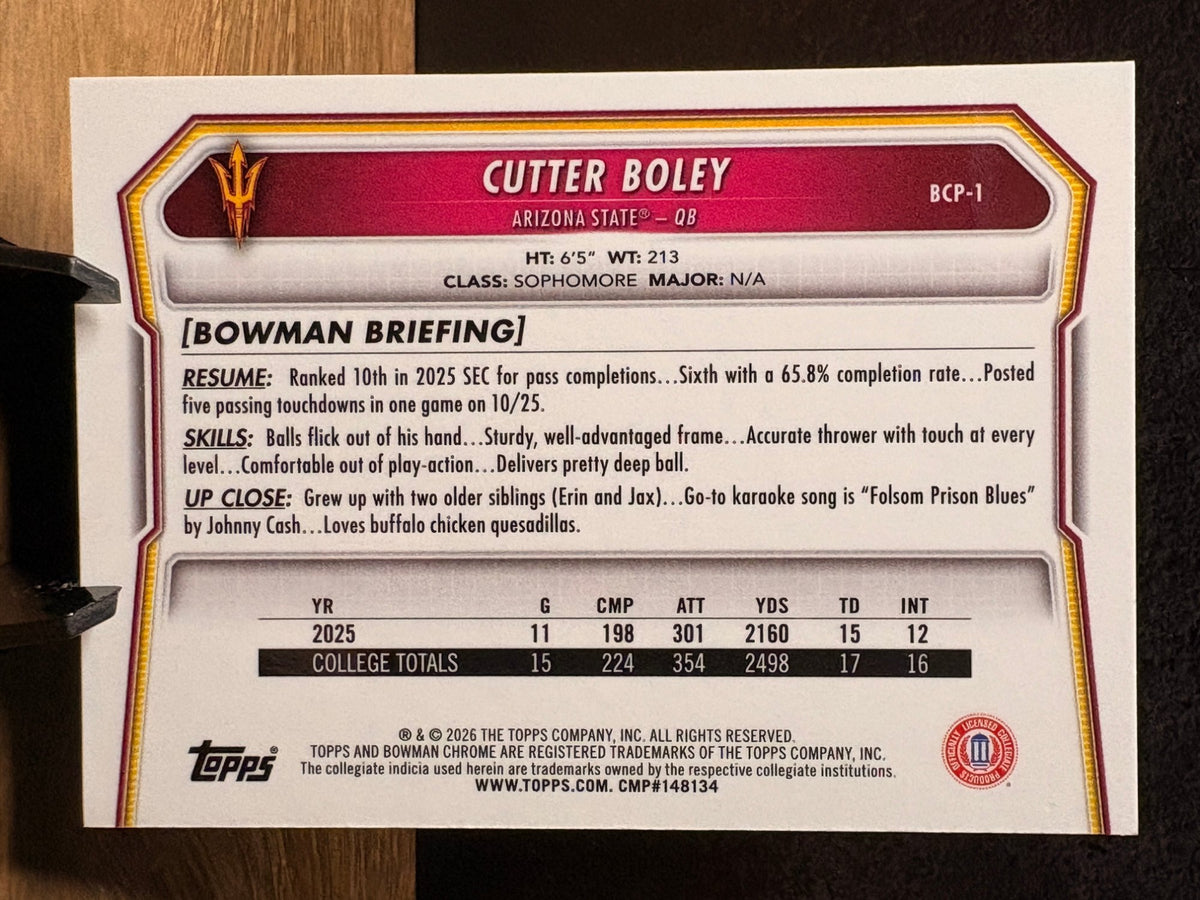 Cutter Boley (Aqua Refractor /199) - 2026 Bowman Chrome Bowman University #BCP-1 Football trading card, back