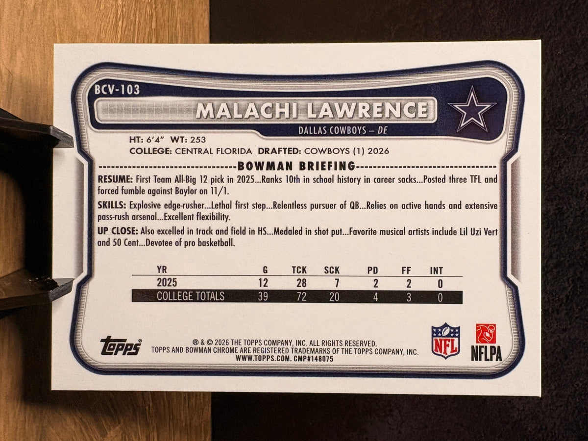 Malachi Lawrence (RC Green geometric refractor) - 2026 Bowman Chrome #BCV-103 Football trading card, back