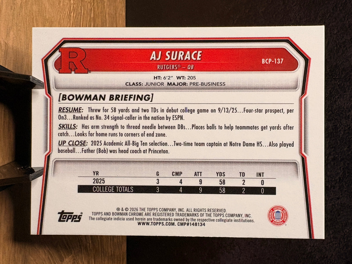 AJ Surace (RC Yellow Mojo Refractor /75) - 2026 Bowman Chrome #BCP-137