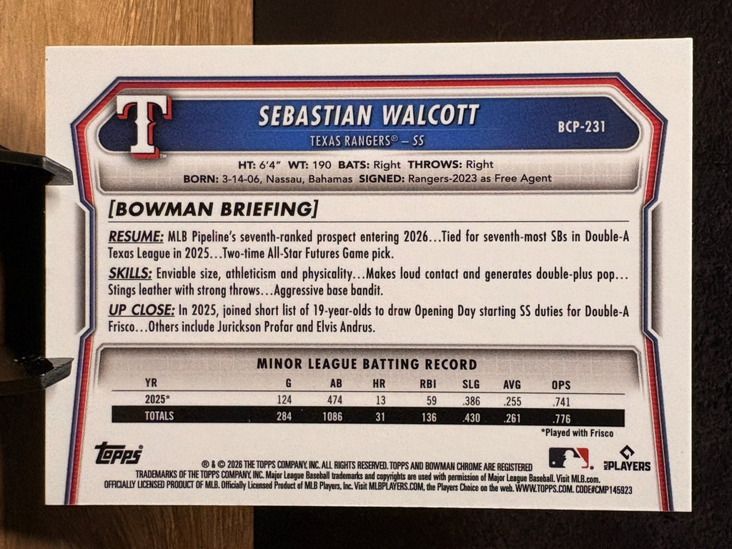 Sebastian Walcott (Mojo Refractor) - 2026 Bowman Chrome Prospects #BCP-231 Baseball trading card, back