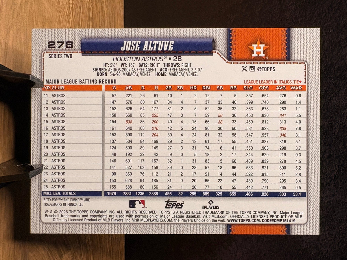 Jose Altuve (Funko Bitty Pop! Variation) - 2026 Topps Series Two #278 Baseball trading card, back