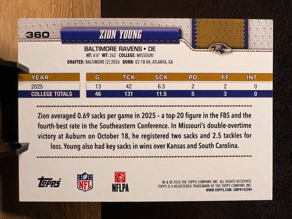 Zion Young (RC Rainbow Foil) - 2026 Topps #360 Football trading card, back