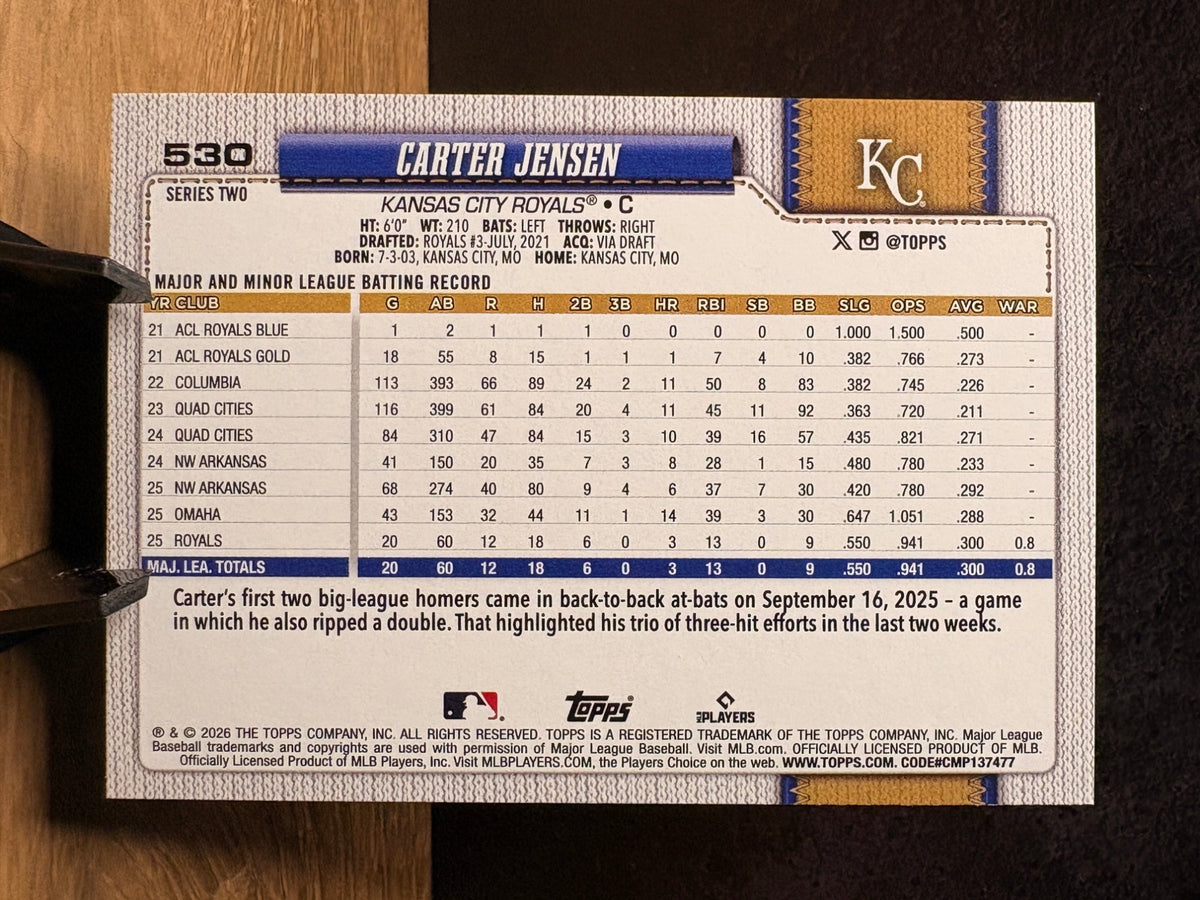 Carter Jensen (RC Holo Foil) - 2026 Topps Series Two #530 Baseball trading card, back