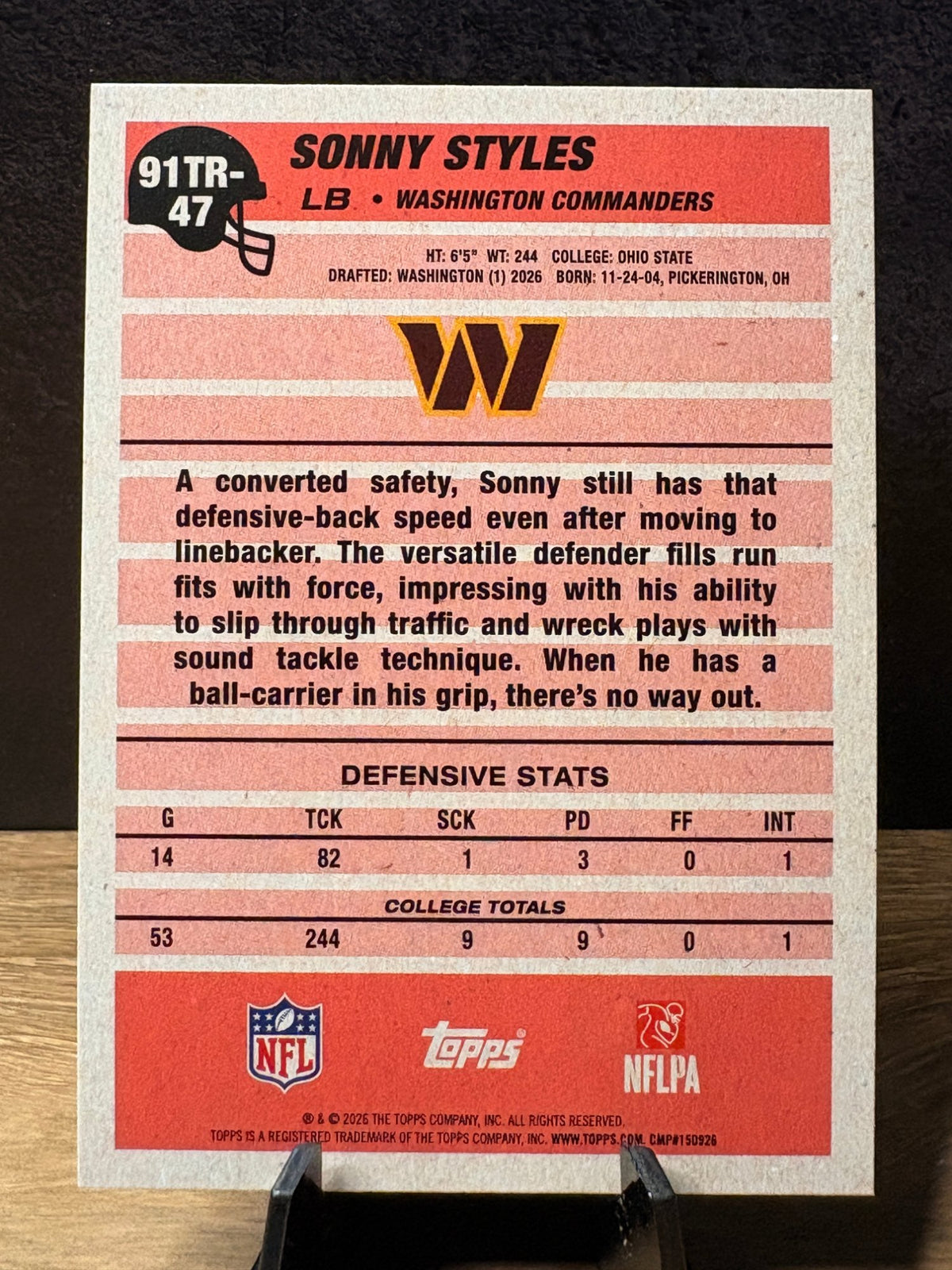 Sonny Styles (RC Crackle Foil) - 2026 Topps 1991 Topps 35th Anniversary #91TR-47 Football trading card, back
