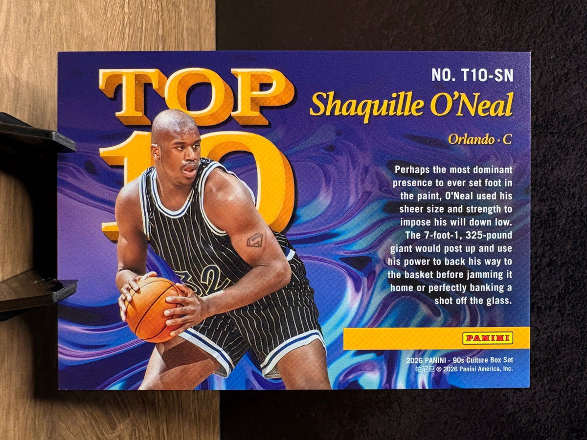 Shaquille O'Neal (Green /50) - 2026 Panini 90s Culture Box Set - Top 10 #T10-SN Basketball trading card, back