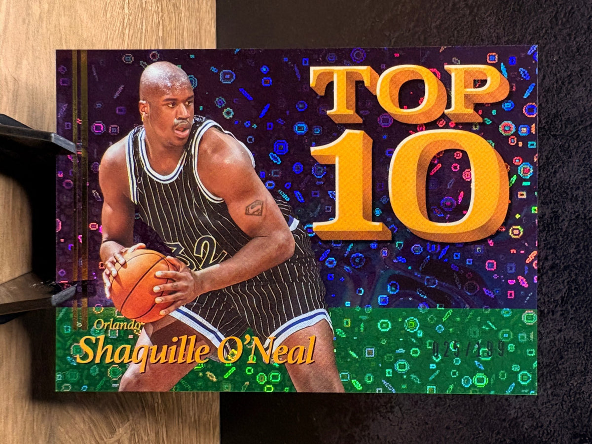 Shaquille O'Neal (Green /50) - 2026 Panini 90s Culture Box Set - Top 10 #T10-SN Basketball trading card, front and back