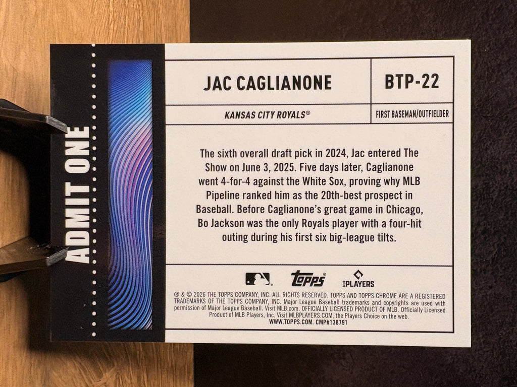 Jac Caglianone (RC Base) - 2026 Topps Chrome Big Ticket Player #BTP-22 Baseball trading card, back
